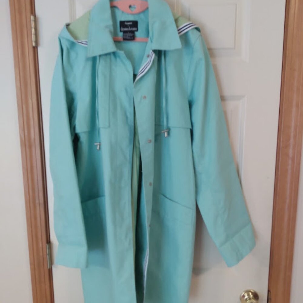Dennis by Dennis Basso: Woman's hooded green raincoat with belt.